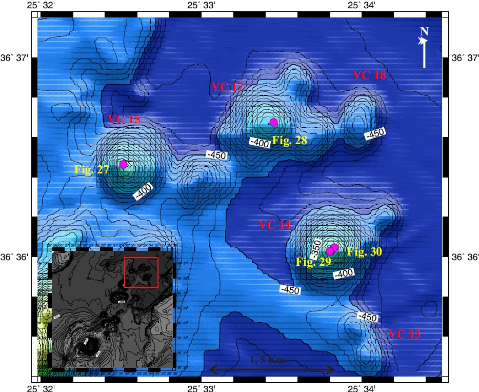 10 : Λεπτομερής βαθυμετρικός χάρτης των ηφαιστειακών δόμων και κώνων VC9, VC10, VC11, και VC12, στην περιοχή του Κολούμπο. Πηγή: Nomikou et.