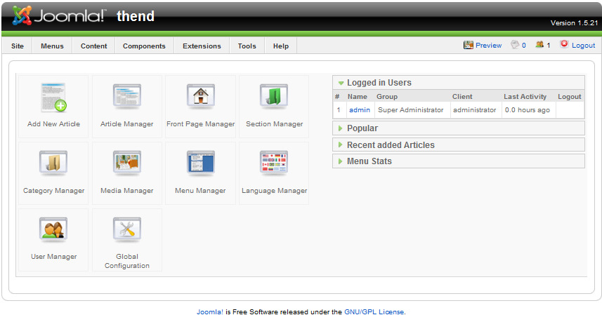 2.2.1.4 Χρήστες & ικαιώµατα Εικόνα 3: Joomla! site - Back End Το Joomla! διαθέτει έτοιµη λειτουργικότητα για τη διαχείριση των χρηστών όπως φαίνεται και στην Εικόνα 4.
