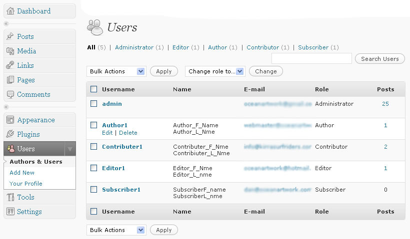 Εικόνα 13: WordPress ιαχείριση Χρηστών 12 Contributor: Οι contributors, µπορούν να δηµιουργήσουν, να επεξεργαστούν και να διαγράψουν τα δικά τους posts, αλλά δεν µπορούν να τα δηµοσιεύσουν