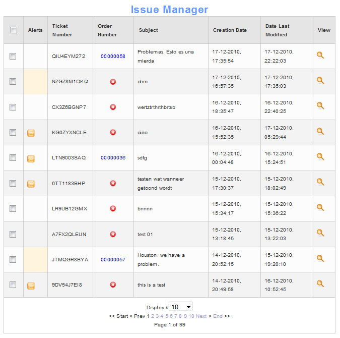 Εικόνα 17:Issue Manager - Λίστα Tickets Πλήρη λειτουργικότητα µε την επέκταση ηλεκτρονικού καταστήµατος VirtueMart σαν επιλογή, που µπορεί να ενεργοποιηθεί από το back end του Joomla!