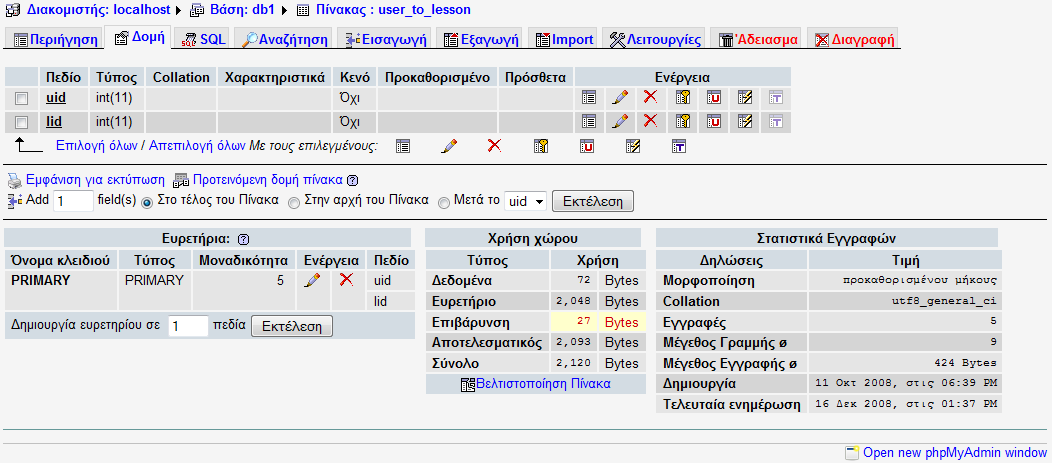 Εδώ φαίνεται η δομή του πίνακα «user_to_lesson» Ενώ βλέπουμε τα περιεχόμενα του: Ο καθηγητής με