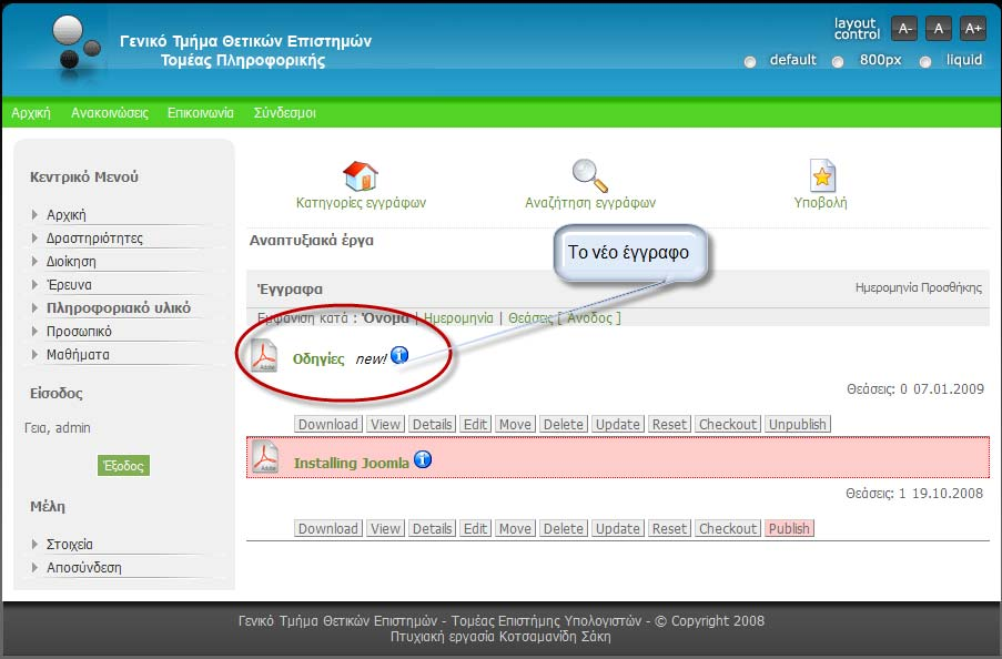 Παραπάνω φαίνονται αναλυτικά όλες οι επιλογές μας. Αφού διαλέξουμε το όνομα του εγγράφου μας, την κατηγορία εμφάνισης («Αναπτυξιακά Έργα») και όποιες άλλες επιλογές κρίνουμε απαραίτητες πατάμε «Save».