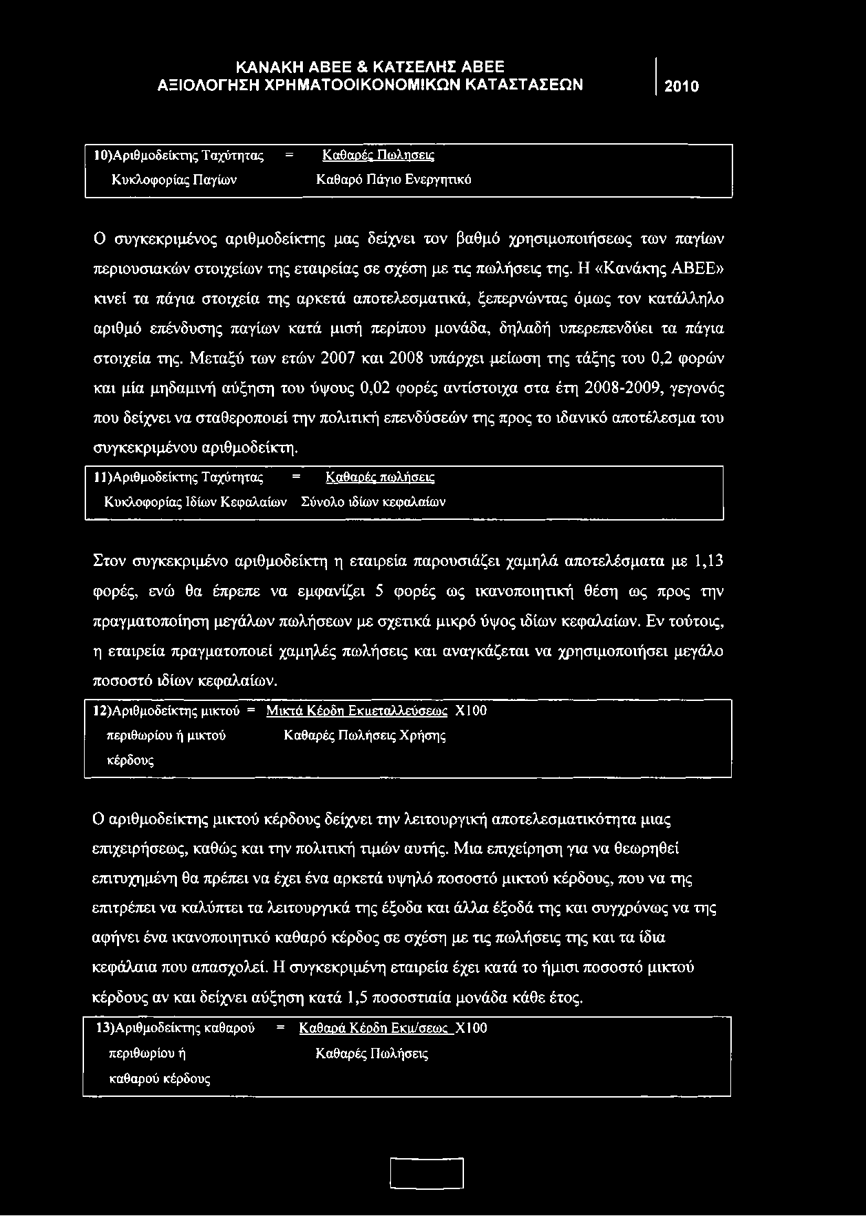 Η «Κανάκης ΑΒΕΕ» κινεί τα πάγια στοιχεία της αρκετά αποτελεσματικά, ξεπερνώντας όμως τον κατάλληλο αριθμό επένδυσης παγίων κατά μισή περίπου μονάδα, δηλαδή υπερεπενδύει τα πάγια στοιχεία της.