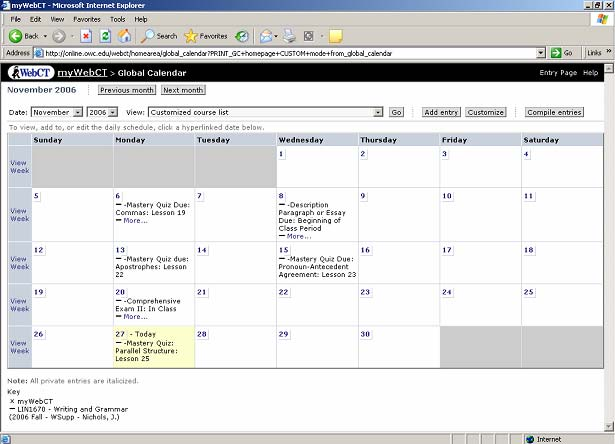 Εικόνα 5.2.12: Calendar Μόλις ο εκπαιδευόµενος εισέλθει στο µάθηµα που τον ενδιαφέρει έχει στη διάθεσή του τα εξής βασικά εργαλεία, όπως φαίνεται στην Εικόνα 5.2.13: Discussion board: στην περιοχή συζήτησης ο εκπαιδευόµενος µπορεί να δει τα προς συζήτηση θέµατα και τα µηνύµατα που έχουν σταλεί για κάθε θέµα.