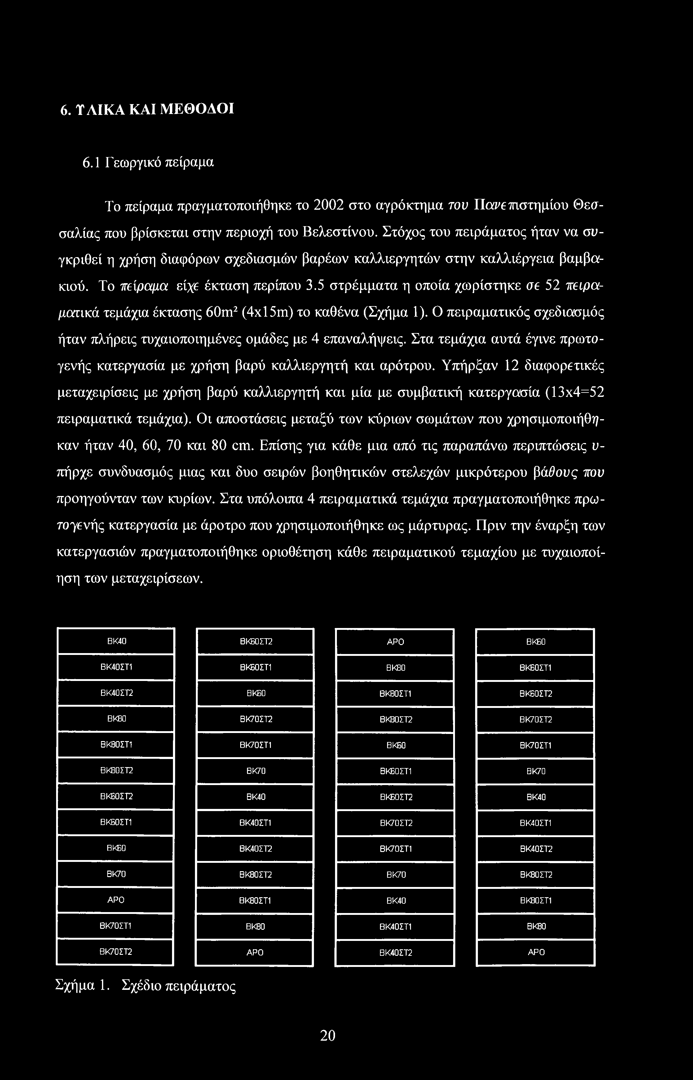 5 στρέμματα η οποία χωρίστηκε σε 52 πειραματικά τεμάχια έκτασης 60m2 (4x15m) το καθένα (Σχήμα 1). Ο πειραματικός σχεδιασμός ήταν πλήρεις τυχαιοποιημένες ομάδες με 4 επαναλήψεις.