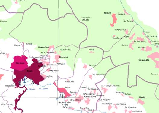 Χάρτης του Νομού Μαγνησίας, κλίμακας 1:100000 Οικισμοί Κατηγορίες οικισμών 1. 0 κάτοικοι 2. 1 2000 κάτοικοι 3. 2001 5000 κάτοικοι 4. 5001 10000 κάτοικοι 5.