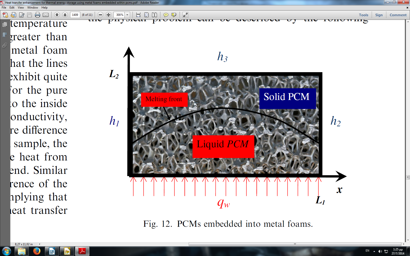 Σχήμα 3.2 : PCM ενσωματωμένο σε μήτρα πορώδους μετάλλου. Στην κάτω επιφάνεια του υλικού έχουμε σταθερή ροή θερμότητας qw.