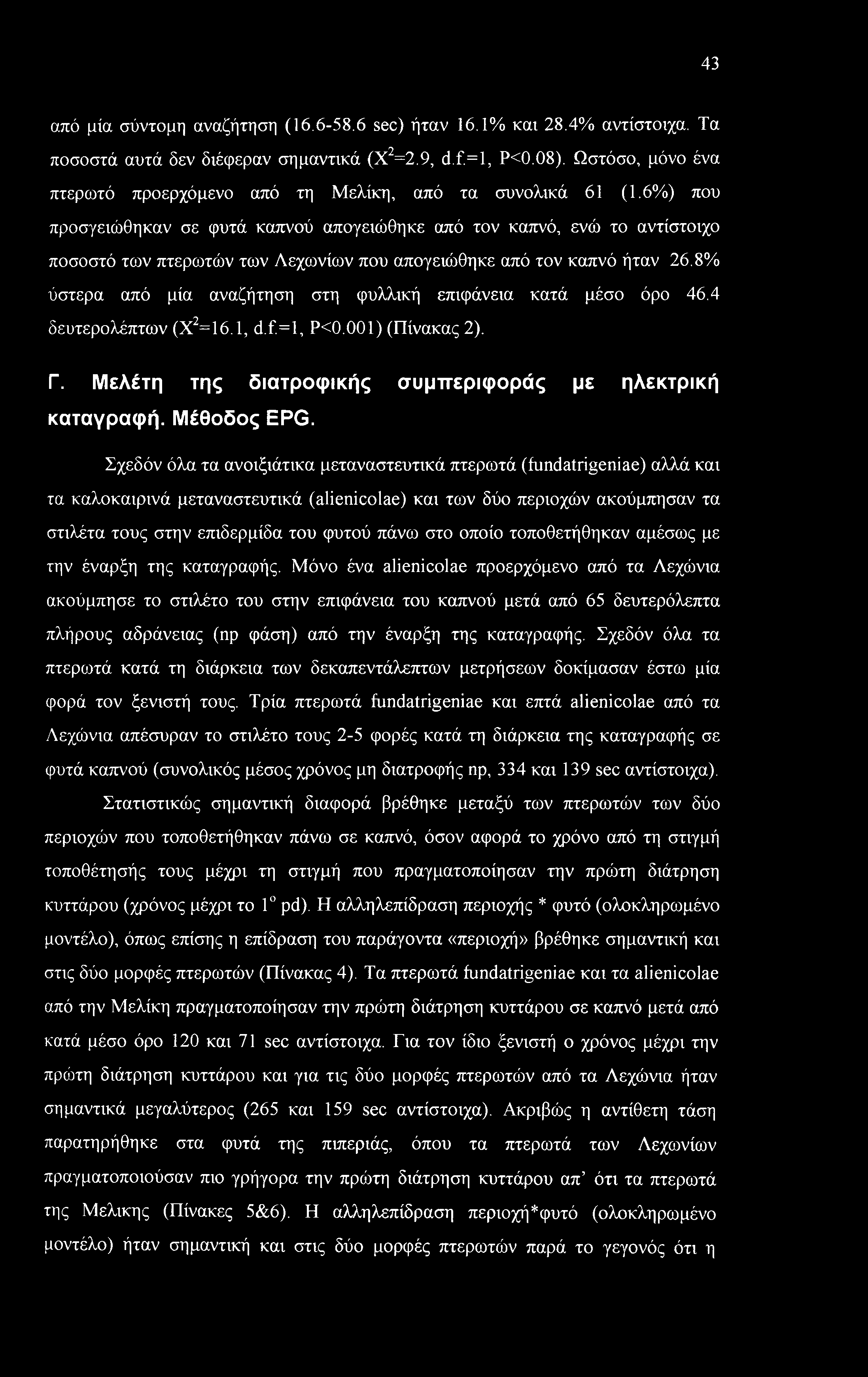 6%) που προσγειώθηκαν σε φυτά καπνού απογειώθηκε από τον καπνό, ενώ το αντίστοιχο ποσοστό των πτερωτών των Λεχωνίων που απογειώθηκε από τον καπνό ήταν 26.