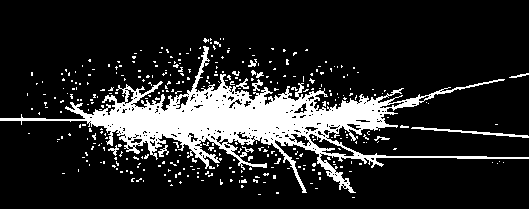 The strongly interacting pion collides with an iron nucleus, creates several new particles which