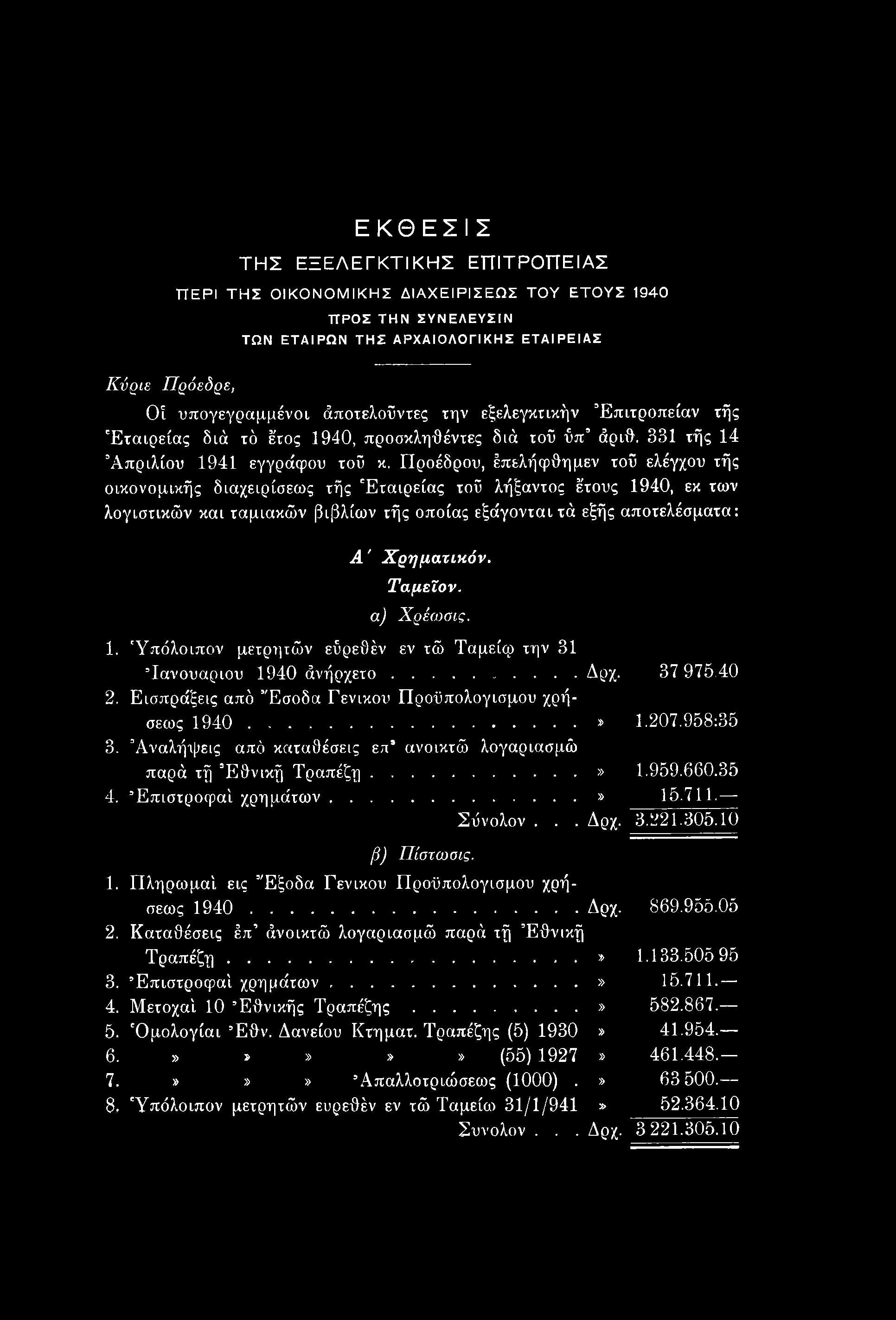 Προέδρου, έπελήφθημεν τοϋ ελέγχου τής οικονομικής διαχειρίσεως τής Εταιρείας τοΰ λήξαντος έτους 1940, εκ των λογιστικών και ταμιακών βιβλίων τής οποίας εξάγονται τά εξής αποτελέσματα: A' Χρηματικόν.