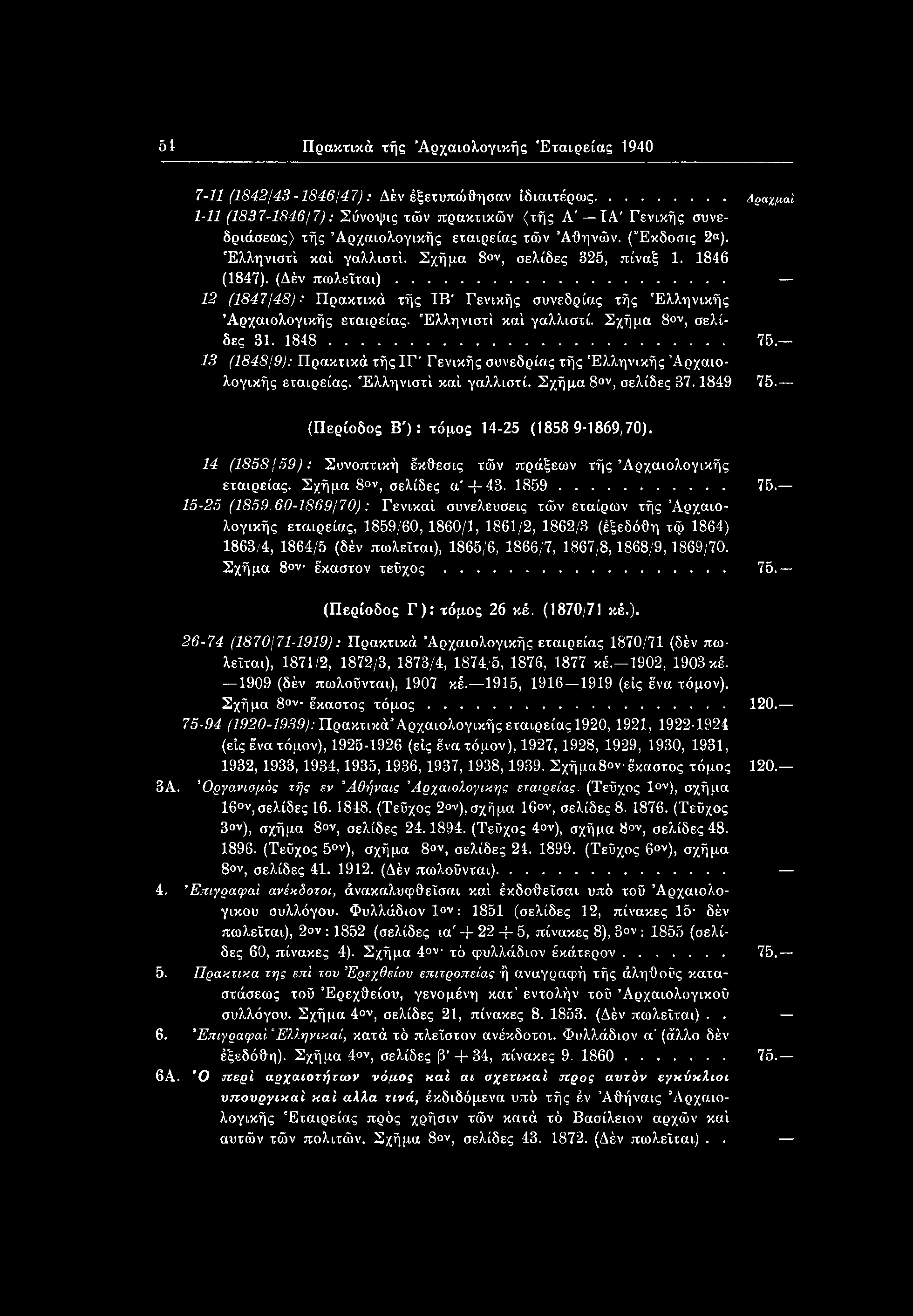 1846 (1847). (Δέν πωλείται)... 12 (1847/48): Πρακτικά τής ΙΒ' Γενικής συνεδρίας τής Ελληνικής Αρχαιολογικής εταιρείας. Ελληνιστί καί γαλλιστί. Σχήμα 8ον, σελίδες 31. 1848... 75.