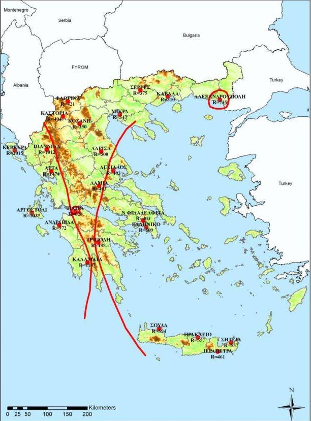 p i,j : η μηνιαία βροχόπτωση i μήνα j έτους Στον ελληνικό χώρο, ο Φλαμπούρης (2008) εξήγαγε συντελεστές συσχέτισης μεταξύ της μέσης ετήσιας βροχόπτωσης και του συντελεστή διαβρωτικότητας για 24