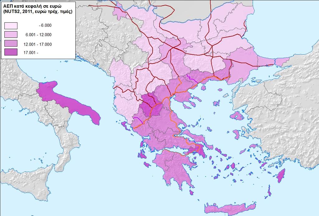 Κατά κεφαλή ΑΕΠ - ευρώ τρέχουσες τιμές EL143 Μαγνησία 12.900,0 18.700,0 15.200,0 17,8 EL23 Δυτική Ελλάδα 10.500,0 14.800,0 13.700,0 30,5 EL232 Αχαΐα 12.500,0 17.800,0 16.