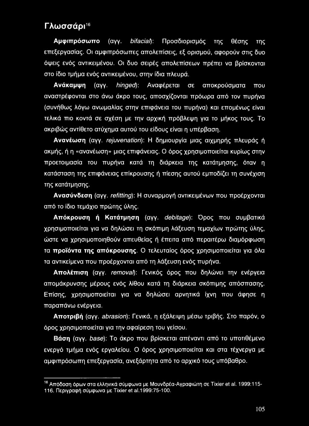 hinged): Αναφέρεται σε αποκρούσματα που αναστρέφονται στο άνω άκρο τους, αποσχίζονται πρόωρα από τον πυρήνα (συνήθως λόγω ανωμαλίας στην επιφάνεια του πυρήνα) και επομένως είναι τελικά πιο κοντά σε