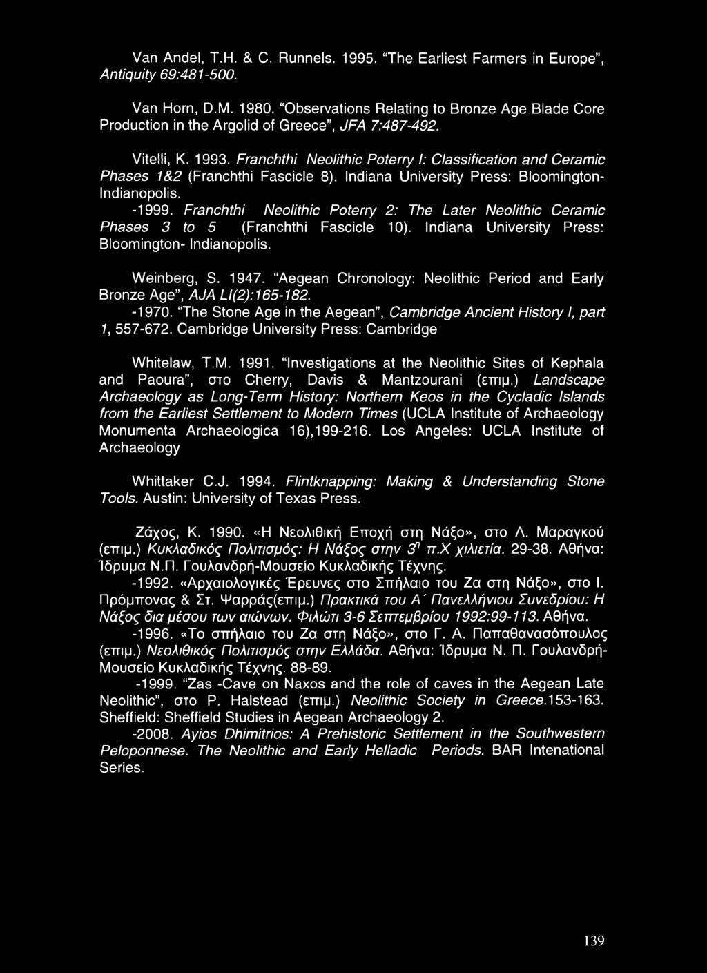 Franchthi Neolithic Poterry I: Classification and Ceramic Phases 1&2 (Franchthi Fascicle 8). Indiana University Press: Bloomington- Indianopolis. -1999.