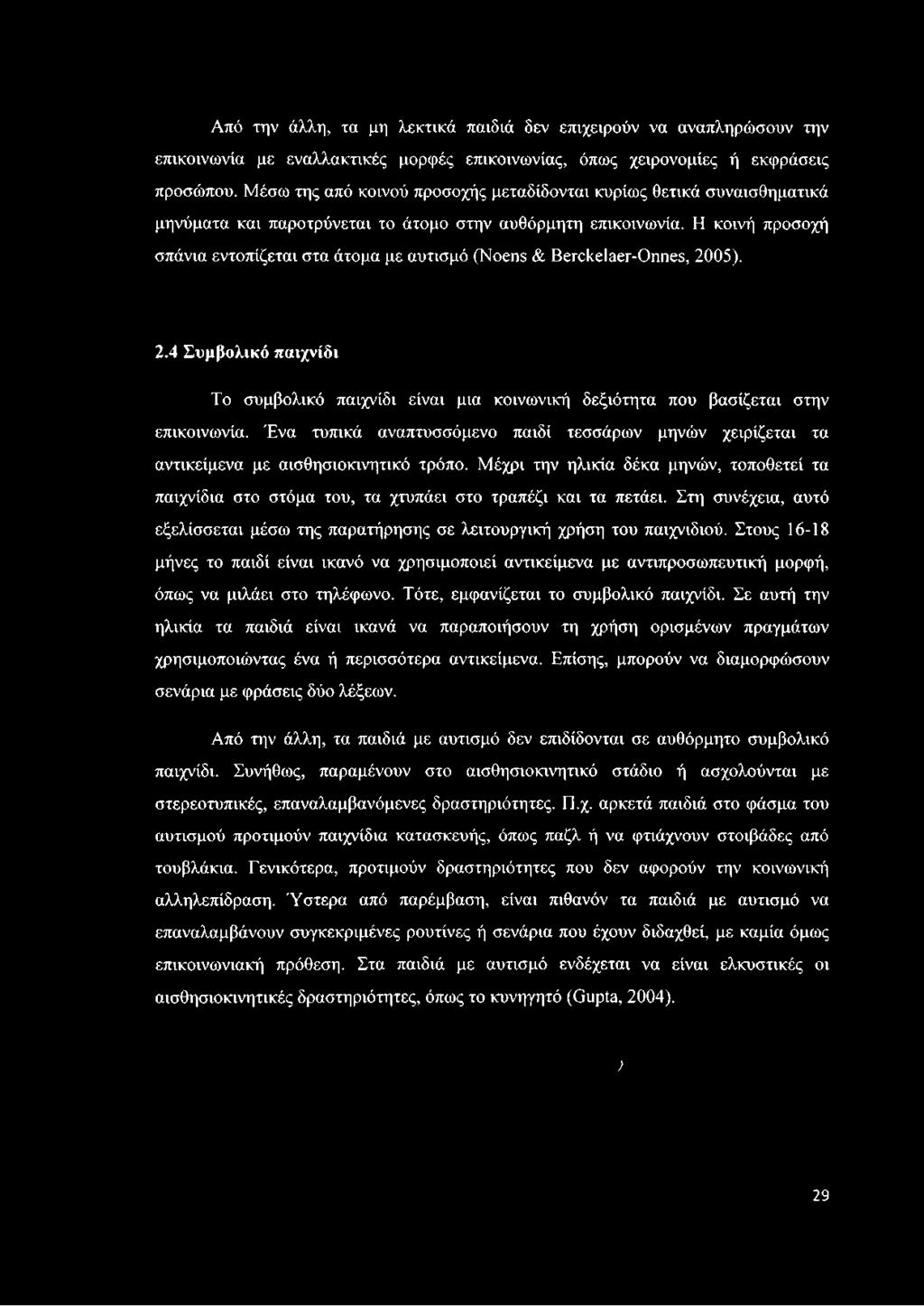 Η κοινή προσοχή σπάνια εντοπίζεται στα άτομα με αυτισμό (Νοεηε & ΒειτΈεΙαετ-Οηπεε, 2005). 2.4 Συμβολικό παιχνίδι Το συμβολικό παιχνίδι είναι μια κοινωνική δεξιότητα που βασίζεται στην επικοινωνία.