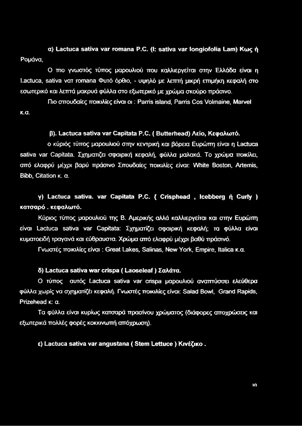 εσωτερικό και λεπτά μακρυά φύλλα στο εξωτερικό με χρώμα σκούρο πράσινο. Πιο σπουδαίες ποικιλίες είναι ο ι: Parris island, Panis Cos Volmaine, Marvel κ.α. ß). Lactuca sativa var Capitata P.C. { Butterhead) Λείο, Κεφαλωτό.
