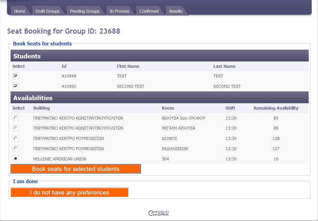 The screen shows a list of the examination buildings and shifts as well as how many places remain for each of these choices.