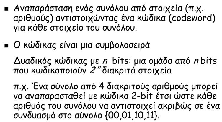 Δυαδικές Αριθμητικές Πράξεις: Πολ/σμός ΤΛ-2002: L1 Slide 37 Κώδικες Εποµένως, για να κωδικοποιηθεί ένα σύνολο από Μ