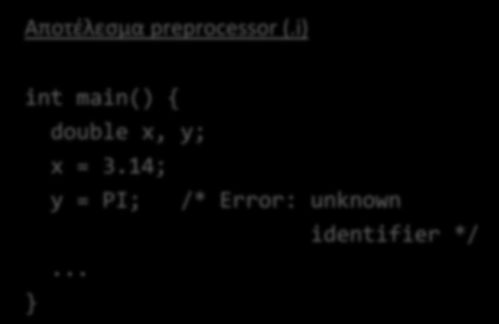 #undef Κατάργηση μίας σταθεράς / μακροεντολής από ένα σημείο και κάτω. #define PI 3.14 Αποτέλεσμα preprocessor (.