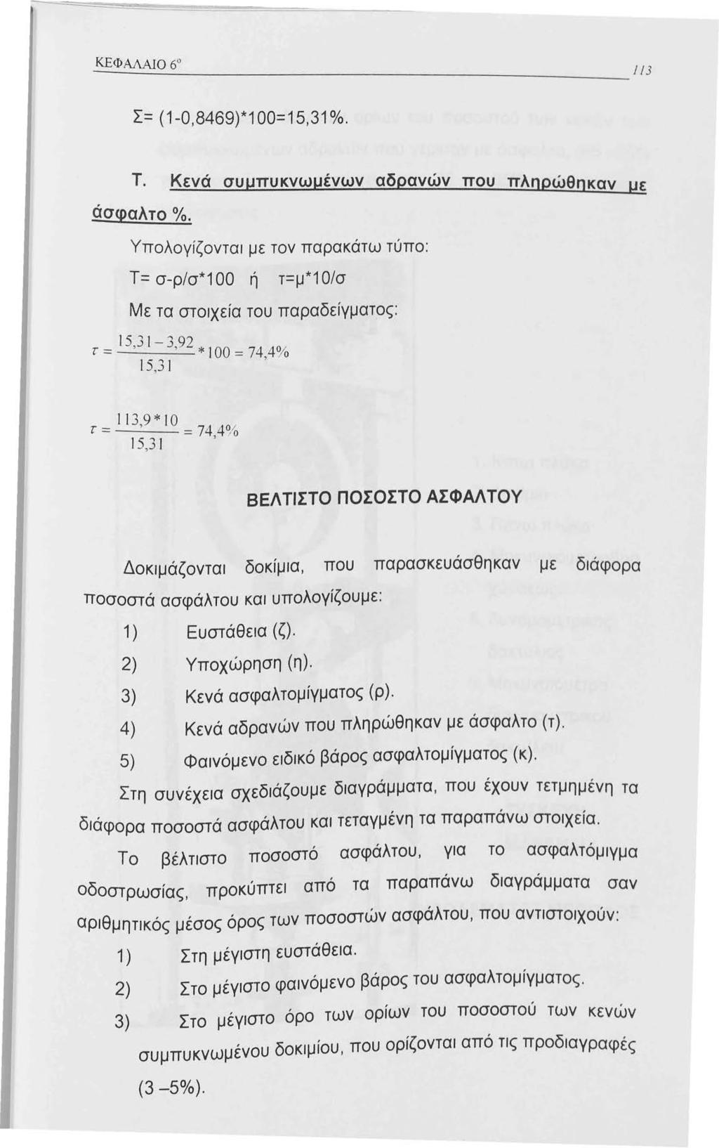 ΚΕΦΑΛΑJΟ 6 ---.:..._:: 3 Σ= (-0,8469)*00=5,3%. Τ. Κενά συμπυκνωμένων - - αδρανω - ν π ου π λ ηρώθηκαν με άσφαλτο%.
