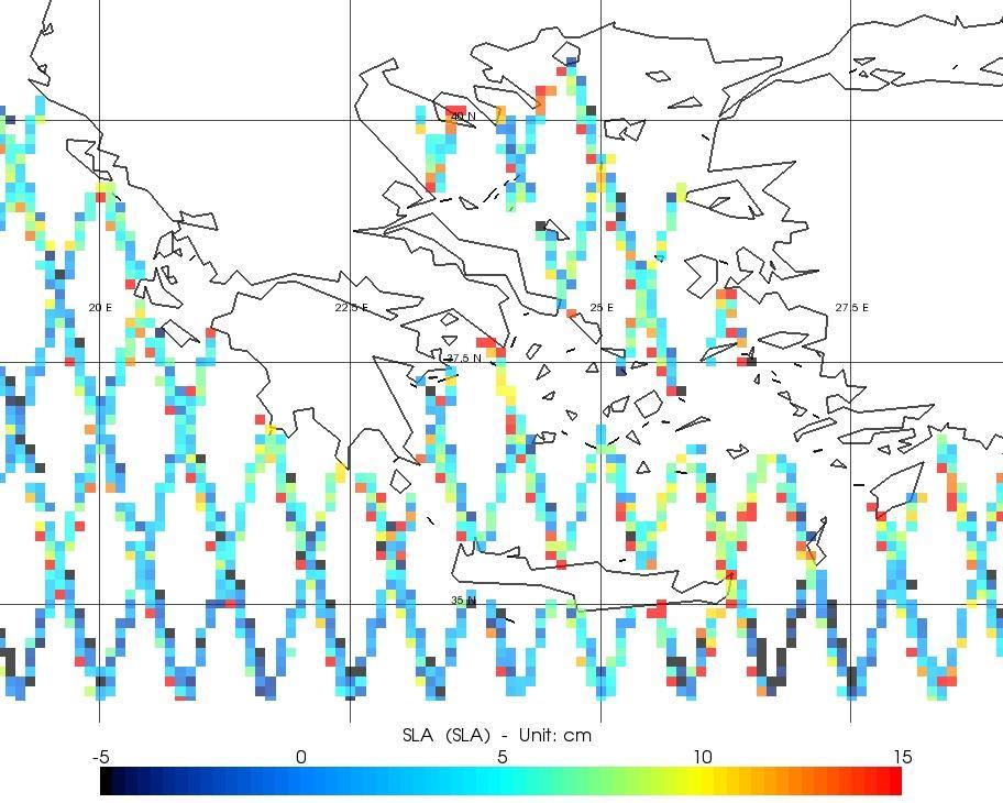 Εικόνα 5-16: Χάρτης Ανωμαλιών του Επιπέδου της Θάλασσας (MSLA) από δεδομένα DT-SLA (filtered) του αλτιμετρικού δορυφόρου Envisat