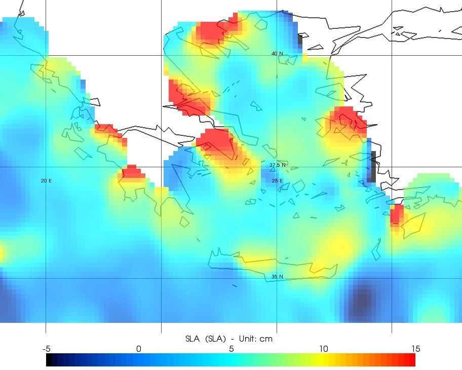 Εικόνα 5-17: Χάρτης Ανωμαλιών του Επιπέδου της Θάλασσας (MSLA) από δεδομένα DT-SLA (filtered) του αλτιμετρικού δορυφόρου Envisat για τη