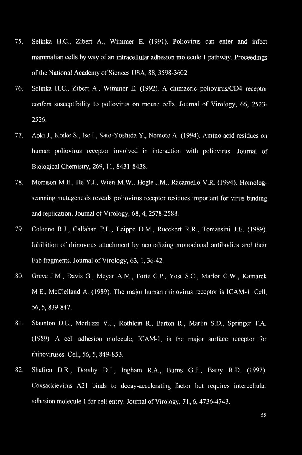 A chimaeric poliovirus/cd4 receptor confers susceptibility to poliovirus on mouse cells. Journal of Virology, 66, 2523-2526. 77. Aoki J., Koike S., Ise I., Sato-Yoshida Y., Nomoto A. (1994).