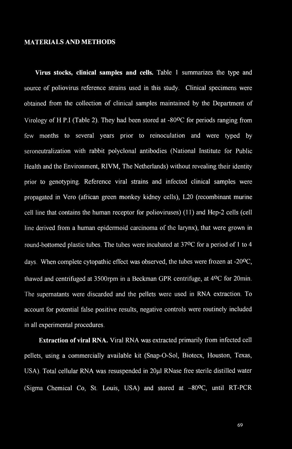 They had been stored at -80 C for periods ranging from few months to several years prior to reinoculation and were typed by seroneutralization with rabbit polyclonal antibodies (National Institute