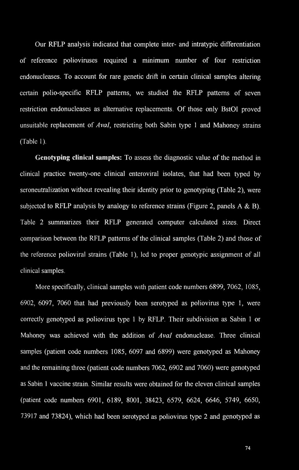 replacements. Of those only BstOI proved unsuitable replacement of Aval, restricting both Sabin type 1 and Mahoney strains (Table 1).