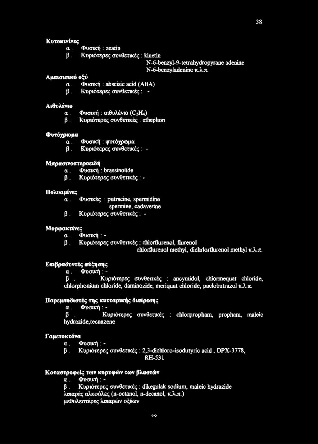 Φυσική : brassinolide β. Κυριότερες συνθετικές : - Πολυαμίνες α. Φυσικές : putrscine, spermidine spermine, cadaverine β. Κυριότερες συνθετικές : - Μορφακτίνες α. Φυσική : - β.