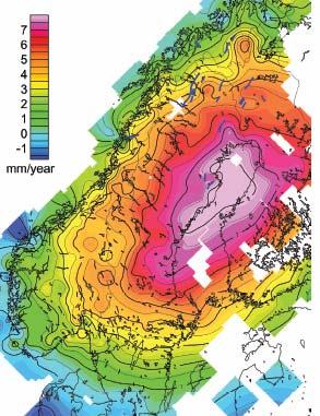4: Χάρτης αναγλύφου της Σκανδιναβικής χερσονήσου στον οποίο απεικονίζεται ο φαινοµενικός ρυθµός ισοστατικής ανύψωσης (σε mm/yr), καθώς και τα επίκεντρα σεισµών µε µέγεθος Μ 3.