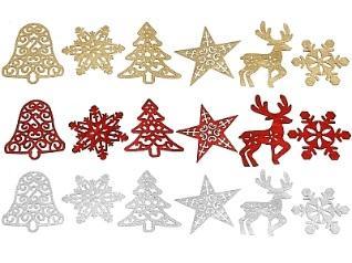 ORNAMENTS S/2 PCS 6 ASS STYLES 3ASS COLOURS: GOLD, SILVER, RED.