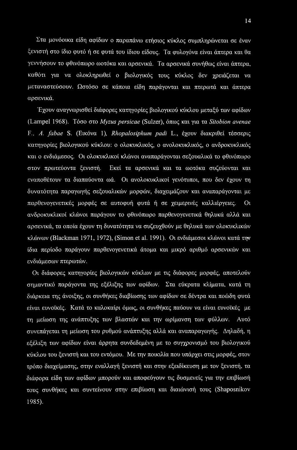 Ωστόσο σε κάποια είδη παράγονται και πτερωτά και άπτερα αρσενικά. Έχουν αναγνωρισθεί διάφορες κατηγορίες βιολογικού κύκλου μεταξύ των αφίδων (Lampel 1968).