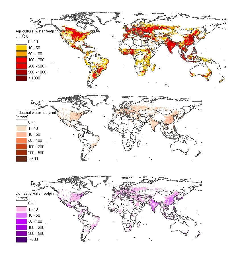 Εικόνα 2.6: Παγκόσμιο υδατικό αποτύπωμα στον τομέα της γεωργίας, βιομηχανίας και ύδρευσης (1966-2005).