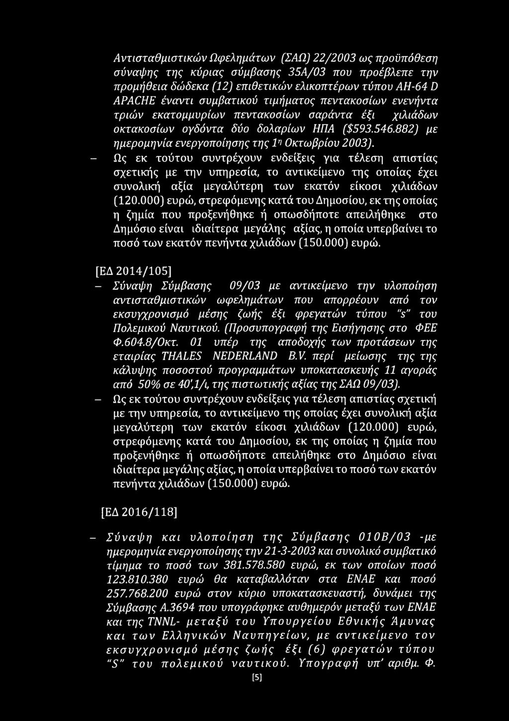 Αντισταθμιστικών Ωφελημάτων (ΣΑΩ) 22/2003 ως προϋπόθεση σύναψης της κύριας σύμβασης 35Α/03 που προέβλεπε την προμήθεια δώδεκα [12] επιθετικών ελικοπτέρων τύπου ΑΗ-64 D APACHE έναντι συμβατικού