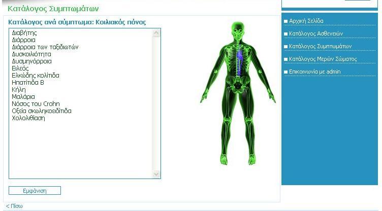 Σε περίπτωση που ο επισκέπτης πατήσει το κουμπί «Εμφάνιση» χωρίς προηγουμένως να έχει επιλέξει ένα σύμπτωμα της λίστας θα εμφανιστεί στην οθόνη το ακόλουθο μήνυμα λάθους: Αν επιλέξει το σύμπτωμα