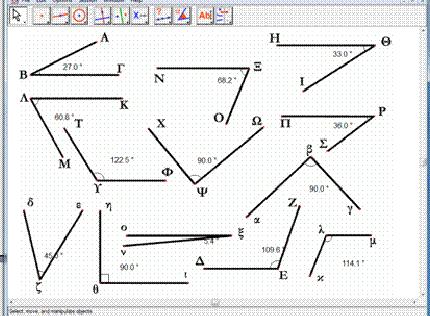 60 ο Οι μαθητές, στο λογισμικό Cabri, αφού ορίσουν τα τρία σημεία για κάθε γωνία με το κατάλληλο εργαλείο, στη συνέχεια παίρνουν το εργαλείο μέτρησης γωνιών, μετρούν την κάθε γωνία και εμφανίζουν το