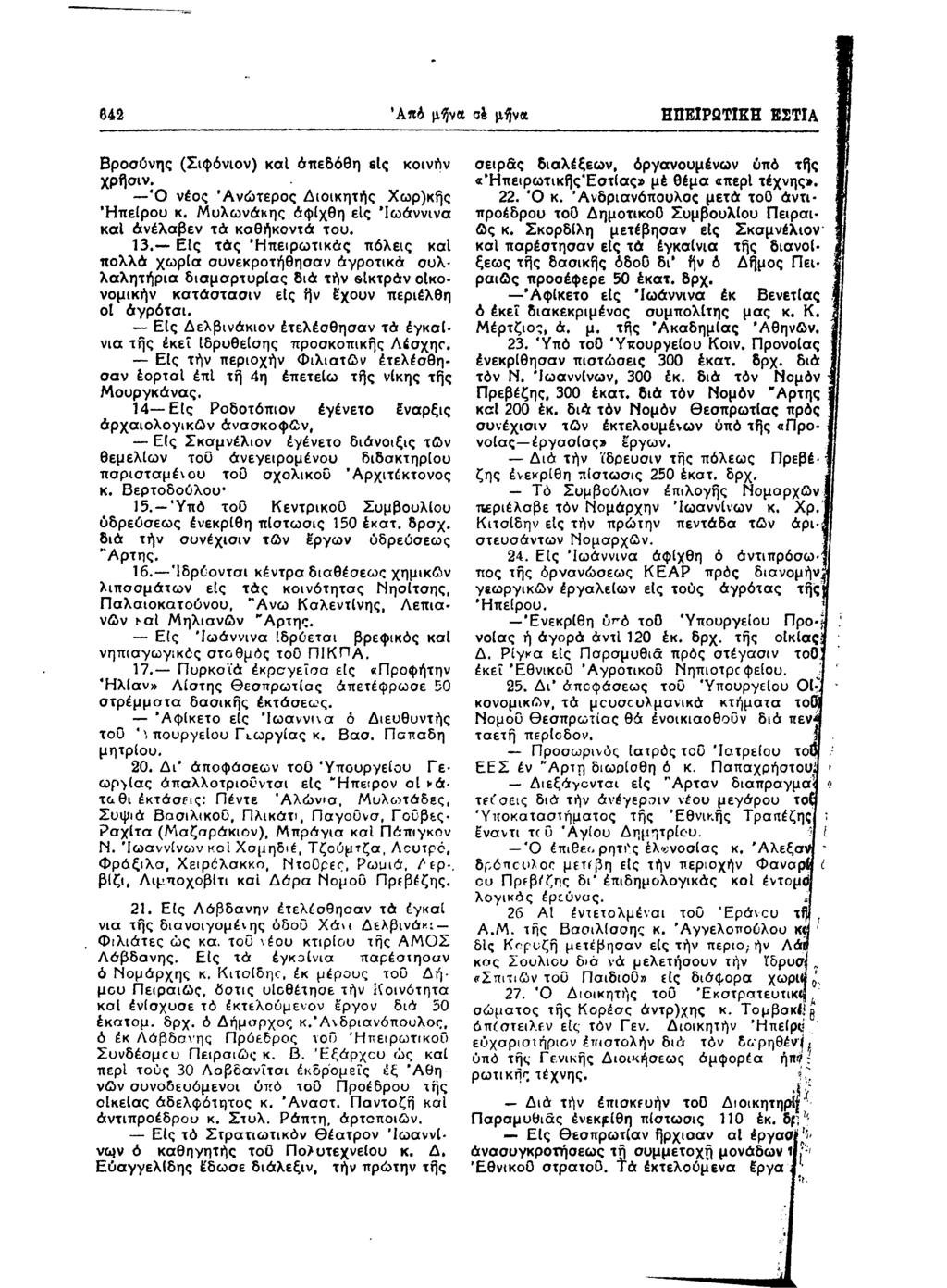 642 Ά π ό μί}να σέ μ ήνα ΗΠΕΙΡΩΤΙΚΗ ΕΣΤΙΑ Βροσύνης (Σιφόνιον) καί άπεδόθη είς κοινόν χρήσιν. Ό νέος Α νώ τερ ο ς Διοικητής Χωρ)κής Ηπείρου κ.