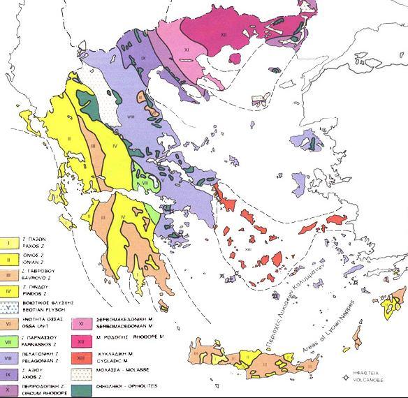 Σχήμα 9: Χάρτης Γεωλογικών Ενοτήτων Ελλάδας Το προαλπικό υπόβαθρο συγκροτείται από τους Περμοτριαδικούς φυλλίτες, γνωστούς επίσης σαν «στρώματα Τυρού», και τους ομήλικούς τους