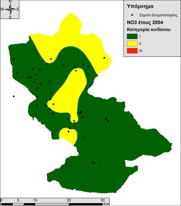 12: Χωρική κατανομή των νιτρικών των υπόγειων υδάτων και κατηγορίες κινδύνου op τοξικότητας με βάση τα νιτρικά C 5.4 