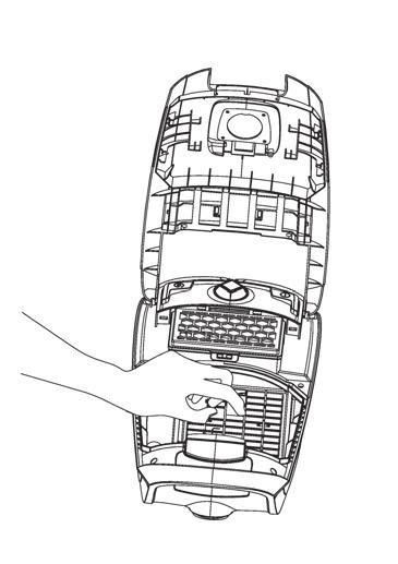 ENGLISH a. Pre-motor filter Pre-motor filter 1. Open the front cover 2. Bring out the inlet filter grill & clean or change filter b. Air outlet filter 1. Press the cover 2.