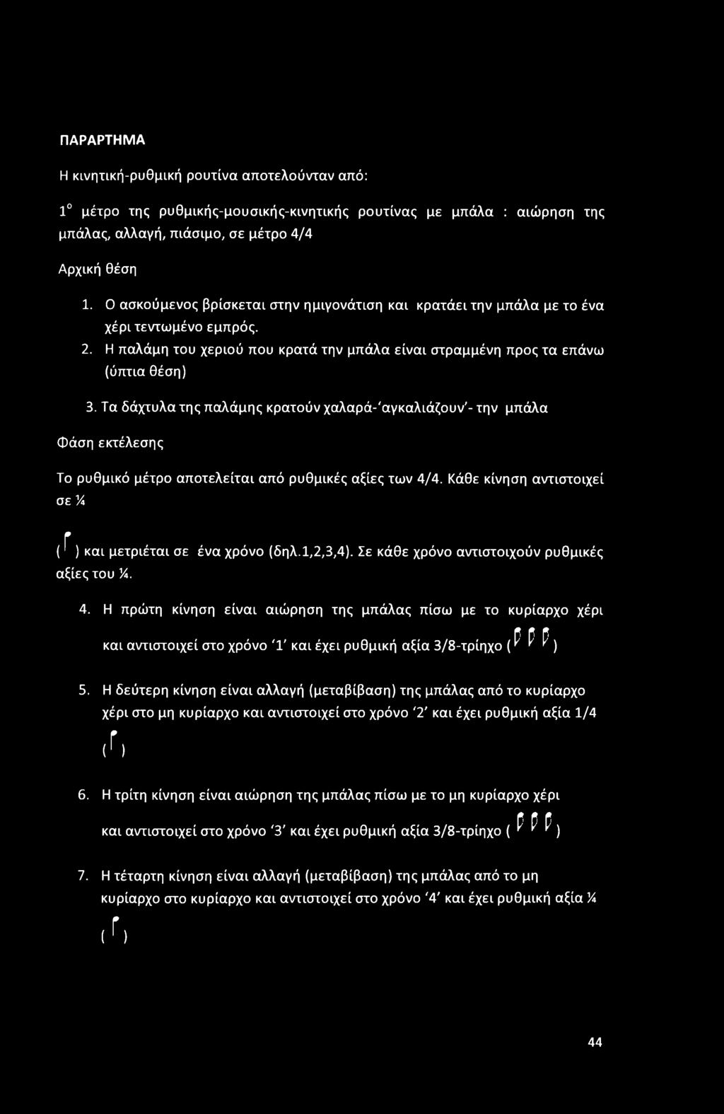 Τα δάχτυλα της παλάμης κρατούν χαλαρά-'αγκαλιάζουν'- την μπάλα Φάση εκτέλεσης Το ρυθμικό μέτρο αποτελείται από ρυθμικές αξίες των 4/4.