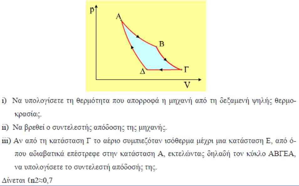 iv) Αν η ενεργός ταχύτητα των µορίων στην κατάσταση Α είναι υ εν1 =400m/s, πόση είναι η ενεργός ταχύτητα στην κατάσταση Β;... ίνεται C V =3R/2. 13) Ένας κύκλος καλύτερος!