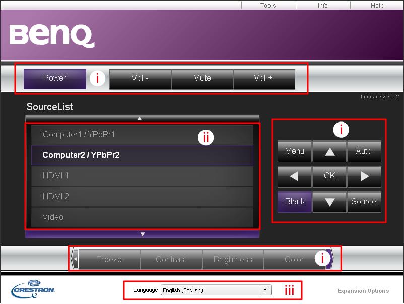 Η σελίδα Crestron είναι διαθέσιμη μόνον όταν βρίσκεστε σε ένα δίκτυο Ενσύρματου LAN. Σας επιτρέπει επίσης να ελέγξετε τον προβολέα από μακριά. Η Crestron υποστηρίζει την έκδοση 6.2.2.9 του RoomView.