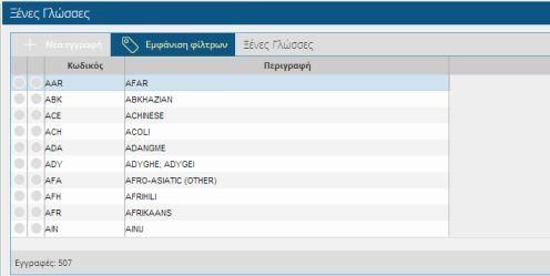 Εικόνα 9. Ξένες Γλώσσες 2..4.6 Επίσημοι Φορείς Πιστοποίησης Ο πίνακας αυτός περιλαμβάνει τον Κωδικό και την Περιγραφή κάθε Φορέα πιστοποίησης. Εικόνα 0.