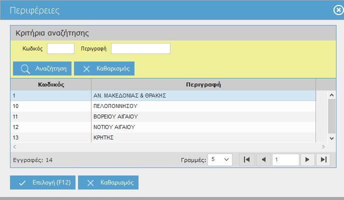 Εικόνα 36. Κριτήρια αναζήτησης στη λίστα τιμών της Περιφέρειας Μόλις επιλέξετε αναζήτηση, εφόσον η τιμή που θέσατε είναι σωστή και υπάρχε