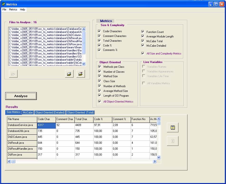 ιεξαγωγή Μετρήσεων Λογισµικού Εικόνα 5.2 Μετρήσεις στα αρχεία του πηγαίου κώδικα της οµάδας Α 1. Μετρήσεις ποσοστού σχολίων και καθαρού κώδικα FileName CodeChar. CommentChar. TotalChar.