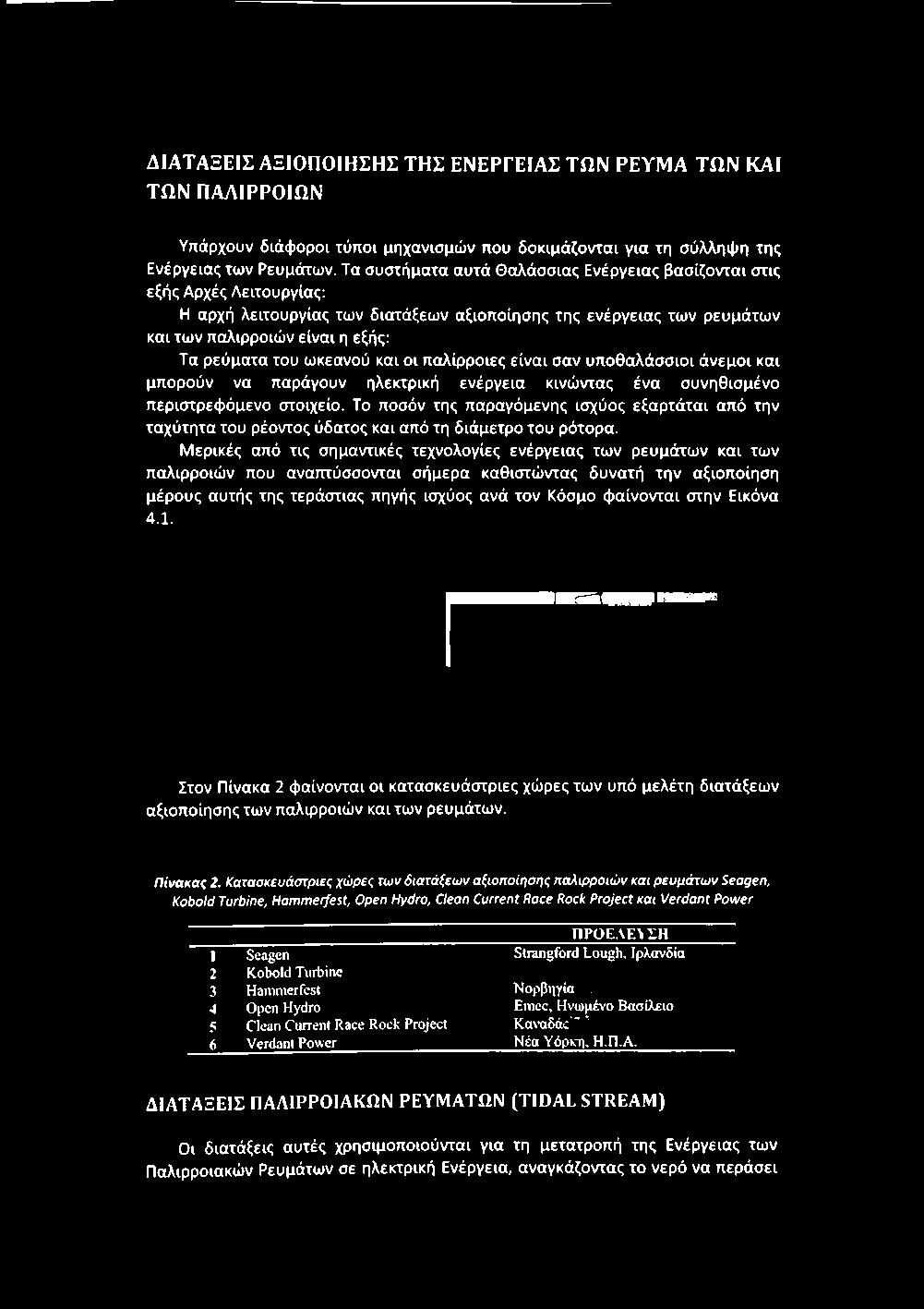 Μερικές από τις σημαντικές τεχνολογίες ενέργειας των ρευμάτων και των παλιρροιών που αναπτύσσονται σήμερα καθιστώντας δυνατή την αξιοποίηση μέρους αυτής της τεράστιας πηγής ισχύος ανά τον Κόσμο