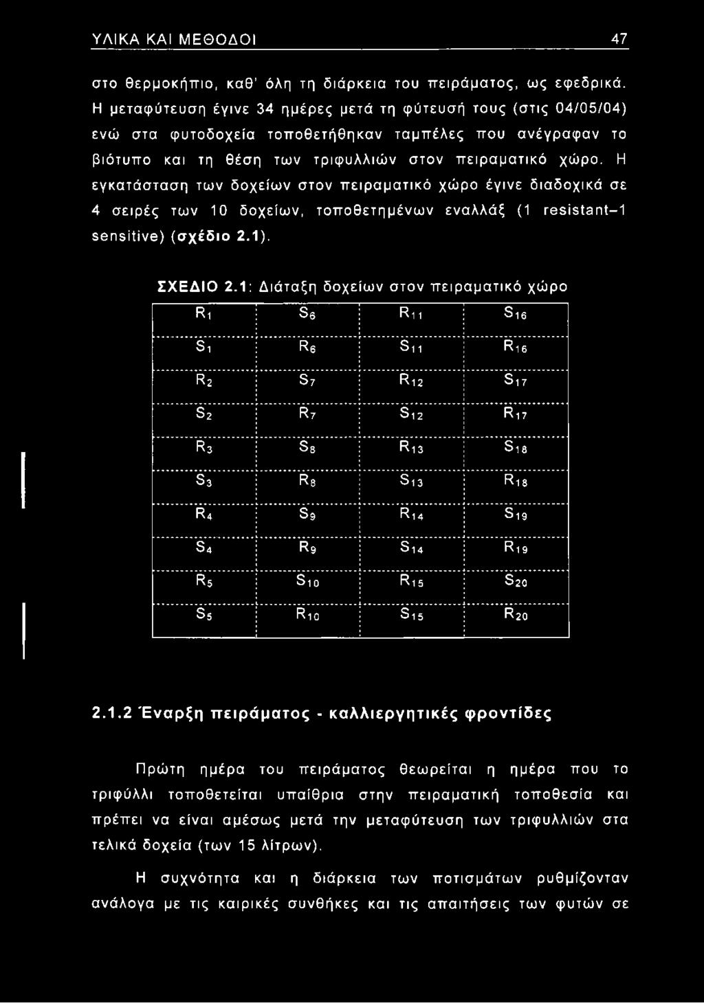 Η εγκατάσταση των δοχείων στον πειραματικό χώρο έγινε διαδοχικά σε 4 σειρές των 10 δοχείων, τοποθετημένων εναλλάξ (1 resistant 1 sensitive) (σχέδιο 2.1). ΣΧΕΔΙΟ 2.